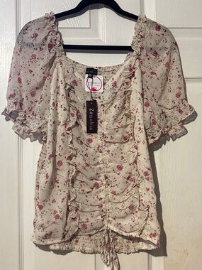Zenobia Cream Blouse with Pink Floral Ruffle Front